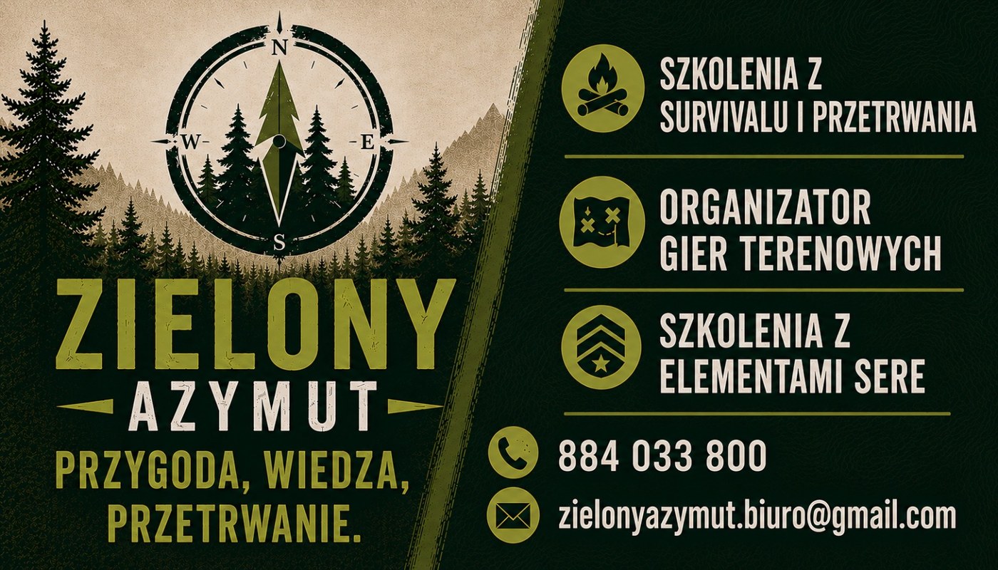 Wizytówka Zielonego Azymutu - szkolenia z surwiwalu, gry terenowe, elementy SERE